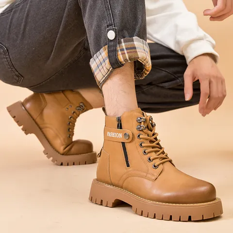Herren Mittelhoch Martin Boots Britischer Stil Kunstleder Winterstiefel Seitenreißverschluss Dicke Sohle Warme Schneestiefel Mode