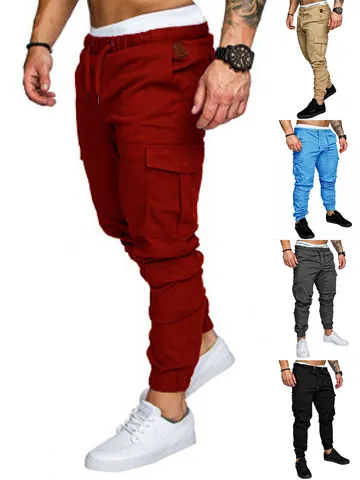 Men Casual Cargo Pants Viscose Nylon Spandex Elastic Joggers Multi Pocket Drawstring Tapered Bottoms Fashion Streetwear