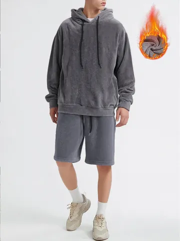 Men's Autumn Winter Coral Fleece Hooded Sweatshirt And Shorts Set Plus Size Warm Casual Long Sleeve Hoodie Top And Bottom