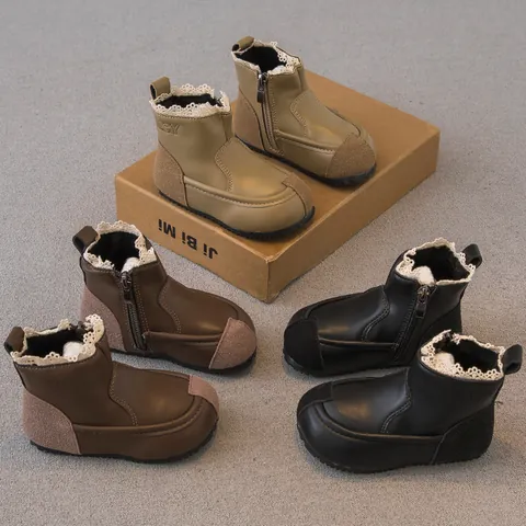 Girls Lace Martin Boots Winter Warm Fleece Lined Princess Leather Boots Side Zipper Non-slip Ankle Boots For Toddler Kids