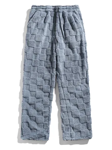 Men's Winter Plush Checkerboard Grid Straight Leg Pants Warm Fleece Casual Lounge Sweatpants Fashion Polyester Trousers