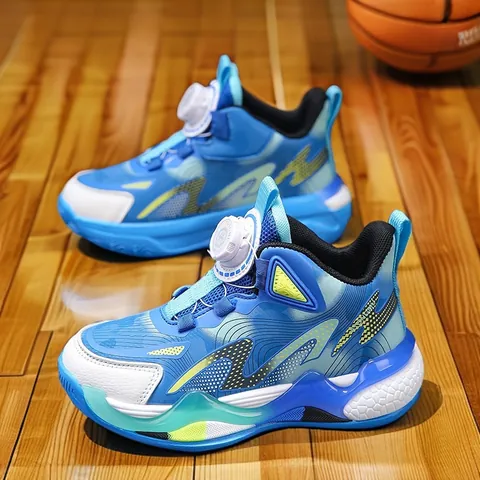 Kids Basketball Shoes Boys Girls Rotating Knob Closure High Top Sports Sneakers Non-Slip Shock Absorption Basketball Sneakers