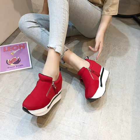 Women Fashion Casual Platform Canvas Shoes Round Toe Side Zipper Wedge Sneakers Height Increasing Fashion Walking Shoes