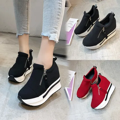 Women Fashion Casual Platform Canvas Shoes Round Toe Side Zipper Wedge Sneakers Height Increasing Fashion Walking Shoes