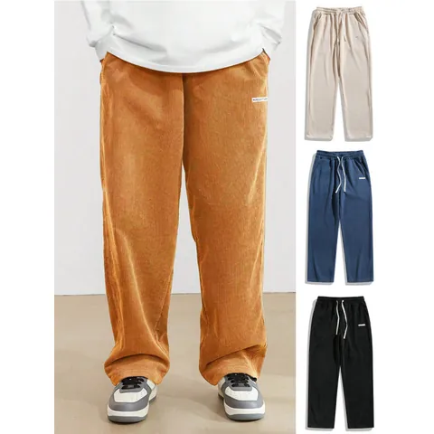 Men's Retro Corduroy Casual Pants Straight Leg Drawstring Mid Waist Polyester Trousers High Street Fashion Long Pants