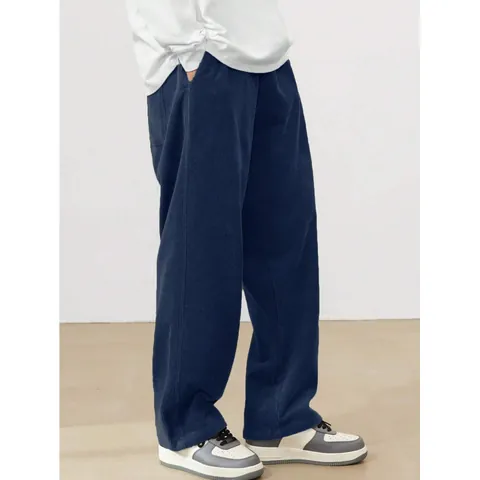 Men's Retro Corduroy Casual Pants Straight Leg Drawstring Mid Waist Polyester Trousers High Street Fashion Long Pants