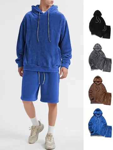 Men's Autumn Winter Coral Fleece Hooded Sweatshirt And Shorts Set Plus Size Warm Casual Long Sleeve Hoodie Top And Bottom