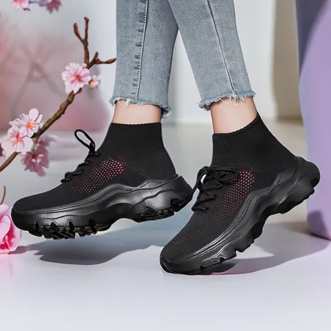Women's High Top Flyknit Sneakers Breathable Slip On Casual Sports Shoes Thick Sole Platform Running Shoes 2024 Spring Autumn