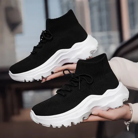 Women's High Top Flyknit Sneakers Breathable Slip On Casual Sports Shoes Thick Sole Platform Running Shoes 2024 Spring Autumn