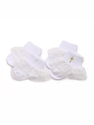 Baby Lace Cross Socks 0-1 Year Old Infant Baptism Christening Cotton Socks White Gold Silver Embroidery Princess Mesh Socks
