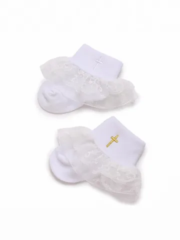 Baby Lace Cross Socks 0-1 Year Old Infant Baptism Christening Cotton Socks White Gold Silver Embroidery Princess Mesh Socks