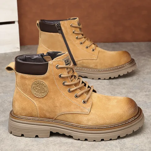 Bottines Martin pour Hommes en Cuir Véritable Hiver Chaud Doublure Peluche Bottes de Travail Semelle Épaisse Antidérapante