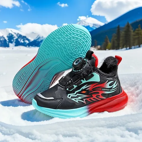 Boys Winter Warm Sneakers Rotating Buckle Thickened Fleece Lining Outdoor Coldproof Kids Fashion Sneakers Dragon Pattern