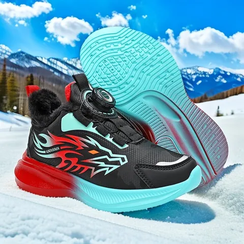 Boys Winter Warm Sneakers Rotating Buckle Thickened Fleece Lining Outdoor Coldproof Kids Fashion Sneakers Dragon Pattern