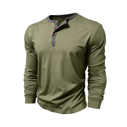 Men 100% Cotton Long Sleeve Henley T-Shirt Casual Loose Fit Solid Color Button Front Top For Daily Wear