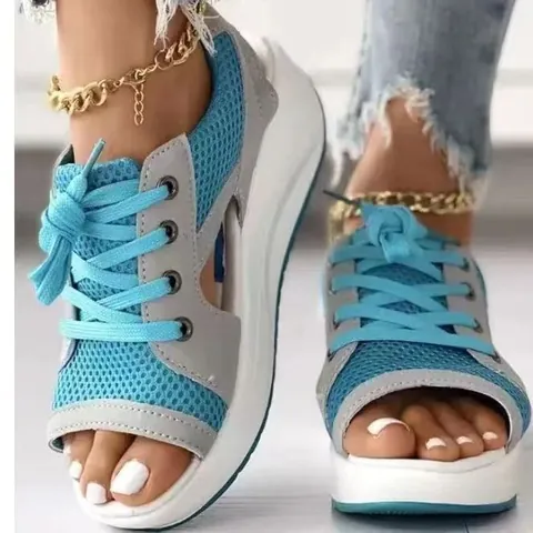 Sandales à Plateforme Rocker Bottom pour Femmes Mesh Respirant Lacets Bout Ouvert Sandales de Plage d'Été Chaussures Décontractées Grandes Tailles