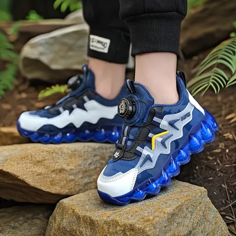 Boys Kids Rotary Buckle Chunky Sneakers Breathable Mesh Synthetic Leather Sports Shoes For Middle Big Kids Spring Autumn Versatile