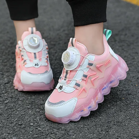 Boys Kids Rotary Buckle Chunky Sneakers Breathable Mesh Synthetic Leather Sports Shoes For Middle Big Kids Spring Autumn Versatile