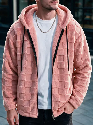 Felpa da Uomo Invernale in Pile di Poliestere con Cappuccio Trama a Scacchiera in Rilievo Cerniera Intera Streetwear Casual