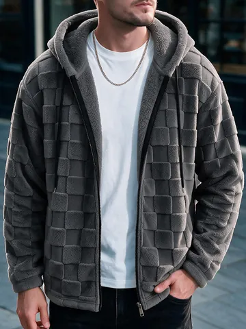 Sudadera con Capucha de Forro Polar de Poliéster Grueso para Hombre Textura de Cuadros en Relieve Cremallera Completa Top Casual Streetwear