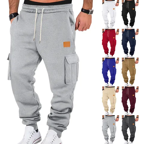 Men's American Fleece Lined Cargo Sweatpants Winter Warm Multi Pocket Drawstring Joggers Casual Solid Color Straight Trousers