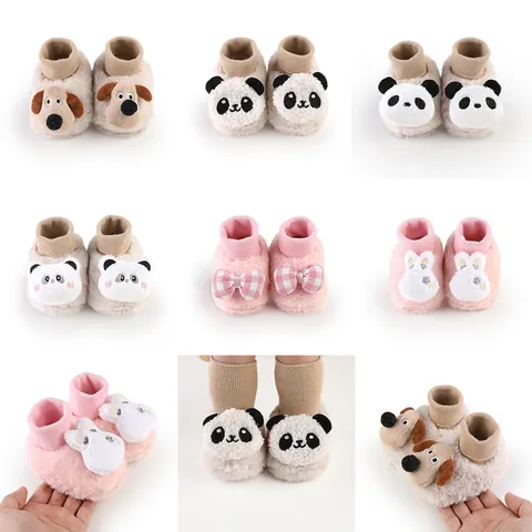 Newborn Baby First Walkers Winter Warm Fleece Lined Sock Shoes Anti Slip Cartoon Panda Rabbit Dog Soft Sole Indoor Shoes
