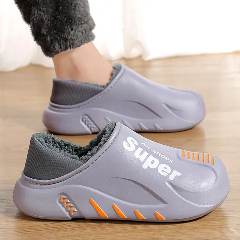 Men Winter Outdoor Slippers Waterproof Synthetic Leather Fleece Lined House Shoes Casual Garden Clogs Air-shoes Super Decorative Print