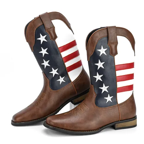 Men's Western Cowboy Boots With American Flag Star Stripe Embroidery PU Leather Retro Mid-Calf Pull-on Fashion Square Heel Boots