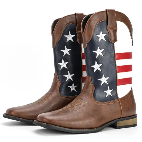 Men's Western Cowboy Boots With American Flag Star Stripe Embroidery PU Leather Retro Mid-Calf Pull-on Fashion Square Heel Boots