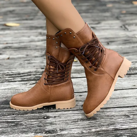 Bottes de Chevalier Mi-Mollet pour Femmes en Cuir PU Détail de Rivets Lacets Fermeture Éclair Latérale Talon Bas Punk Bottines