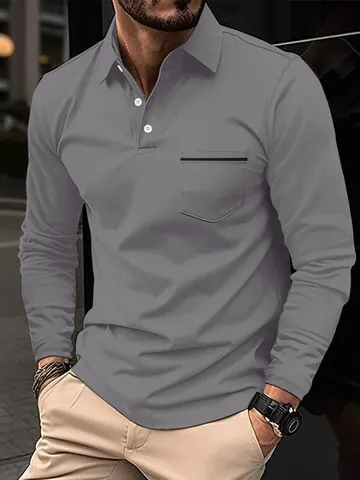 Men's Long Sleeve Polo Shirt Contrast Spliced Pocket Lapel Casual Business Polyester Top