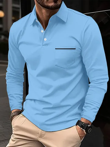 Men's Long Sleeve Polo Shirt Contrast Spliced Pocket Lapel Casual Business Polyester Top