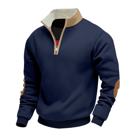 Vintage Herren-Sweatshirt mit 1/4-Reißverschluss Fleecefutter und Ellenbogen-Patches Lockerer Schnitt aus Polyester für den Alltag im Winter