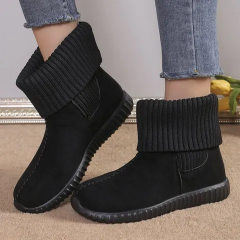Women's Winter Snow Boots Warm Knit Cuff Flat Round Toe Short Boots PU Anti-Slip Casual Outdoor Mid-Calf Boots Plus Size