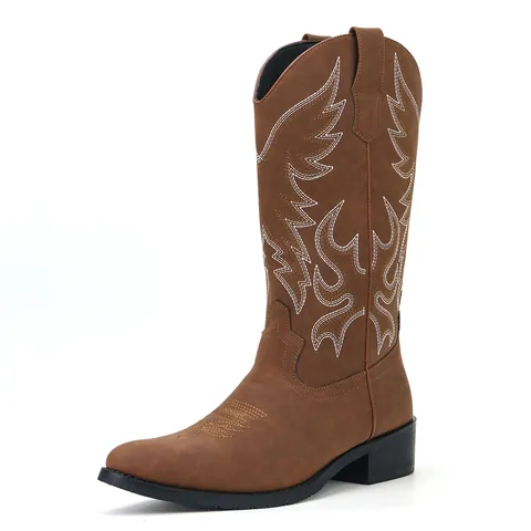 Men Vintage Western Cowboy Boots Mid-Calf PU Leather Boots With Embroidery Retro Zipper Knight Boots Chunky Heel Work Boots
