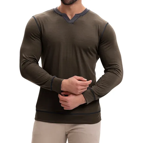 Men's American Style V-Neck Long Sleeve T-Shirt Slim Fit Cotton Blend Base Layer Contrast Stitching Tee Top Casual Fashion Apparel