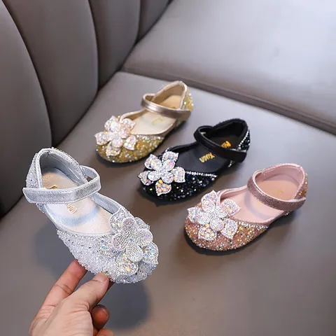 Toddler Kids Girls Rhinestone Flower Princess Mary Jane Shoes Elegant PU Non-slip Dance Performance Party Dress Shoes Silver Pink Black Gold