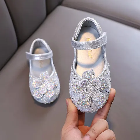 Toddler Kids Girls Rhinestone Flower Princess Mary Jane Shoes Elegant PU Non-slip Dance Performance Party Dress Shoes Silver Pink Black Gold