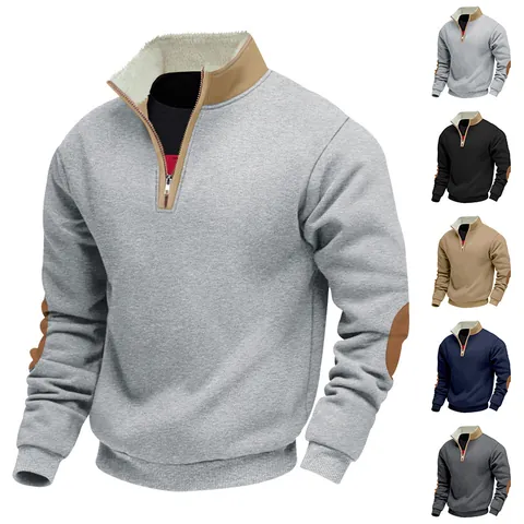 Vintage Herren-Sweatshirt mit 1/4-Reißverschluss Fleecefutter und Ellenbogen-Patches Lockerer Schnitt aus Polyester für den Alltag im Winter