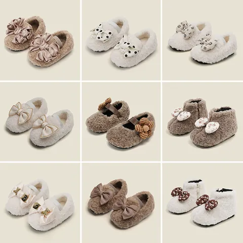 Kleinkind Baby Mädchen Winter Webpelz Plüschschuhe Warm Innen Weiche Sohle Rutschfest Prinzessin Lauflernschuhe Mit Schleife Künstliche Perle Strass