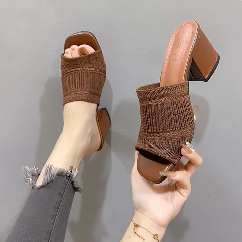 Sandali da Donna Minimalisti Francesi a Punta Quadrata con Tacco a Blocchetto Estivi In Fly-knit Traforati Spuntate Sabot Eleganti