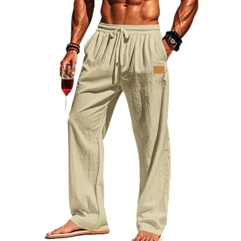 Men Beach Casual Cotton Straight Leg Trousers Drawstring Elastic Waist Lightweight Breathable Summer Vacation Pants For Men