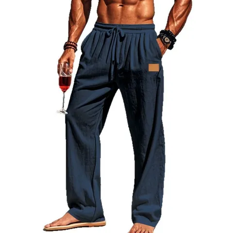 Men Beach Casual Cotton Straight Leg Trousers Drawstring Elastic Waist Lightweight Breathable Summer Vacation Pants For Men