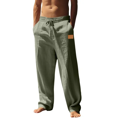 Men's Casual Linen Blend Pants Loose Straight Drawstring Breathable Summer Beach Vacation Trousers Bottoms