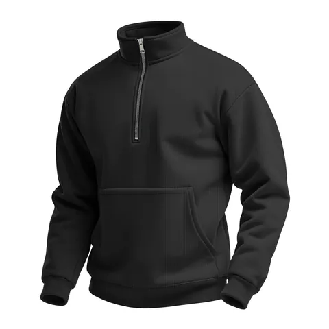 Men Waffle Knit Quarter-Zip Pullover Sweatshirt Casual Long Sleeve Top Stand Collar Kangaroo Pocket Fall Outdoor Pullover