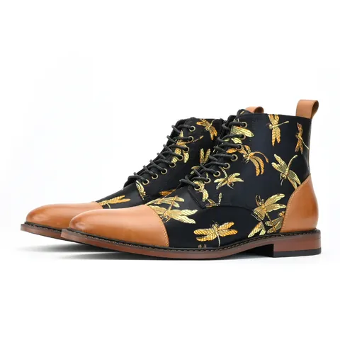 Men's Retro British Style Embroidered Dragonfly Print Ankle Boots First Layer Cowhide Leather Patchwork Lace-up Casual Martin Boots
