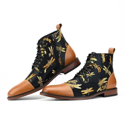 Men's Retro British Style Embroidered Dragonfly Print Ankle Boots First Layer Cowhide Leather Patchwork Lace-up Casual Martin Boots