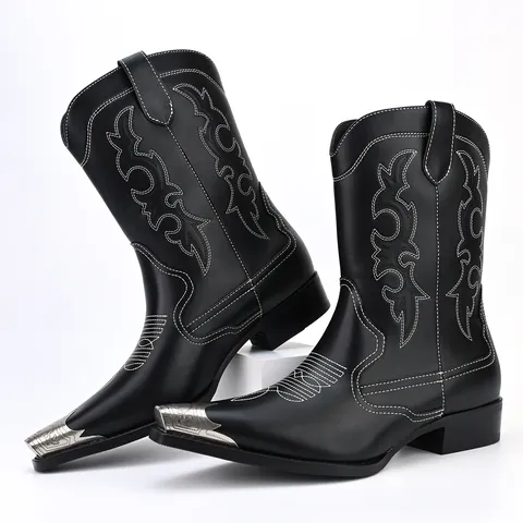 Men Vintage Western Cowboy Boots Pointed Toe Embroidered Mid-Calf Boots with Metal Guard Fashion Casual PU Leather Shoes