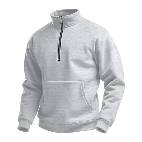 Men Waffle Knit Quarter-Zip Pullover Sweatshirt Casual Long Sleeve Top Stand Collar Kangaroo Pocket Fall Outdoor Pullover
