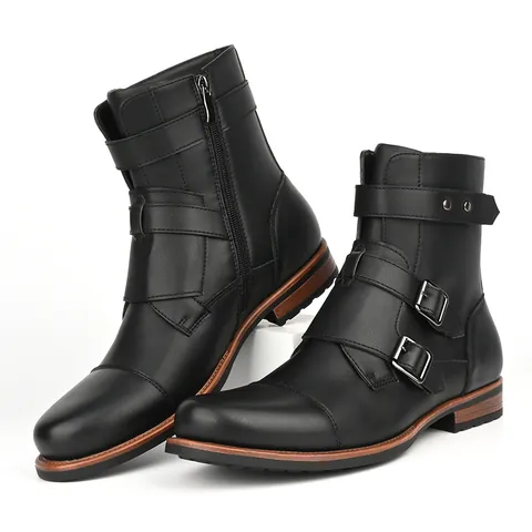 Men's Retro Martin Boots With Side Zipper Metal Buckle Low Heel PU Leather Solid Color Simple Casual Cowboy Footwear For Daily Wear